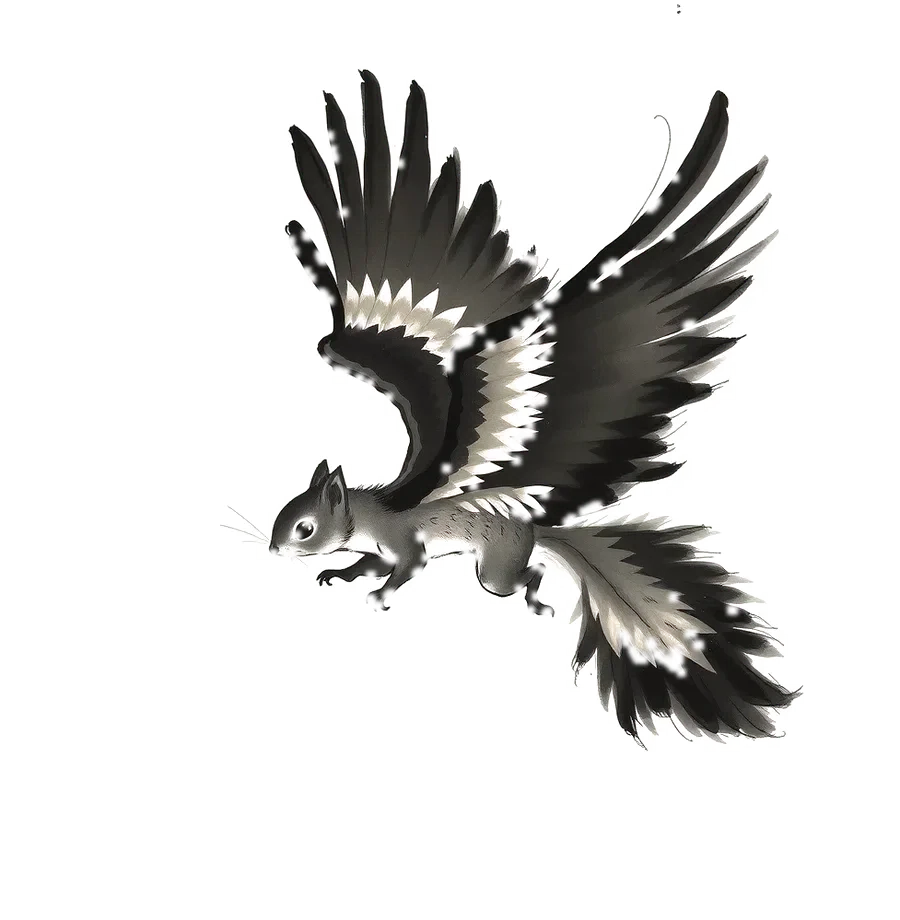 Ink drawing of a squirrel gliding with eagle wings